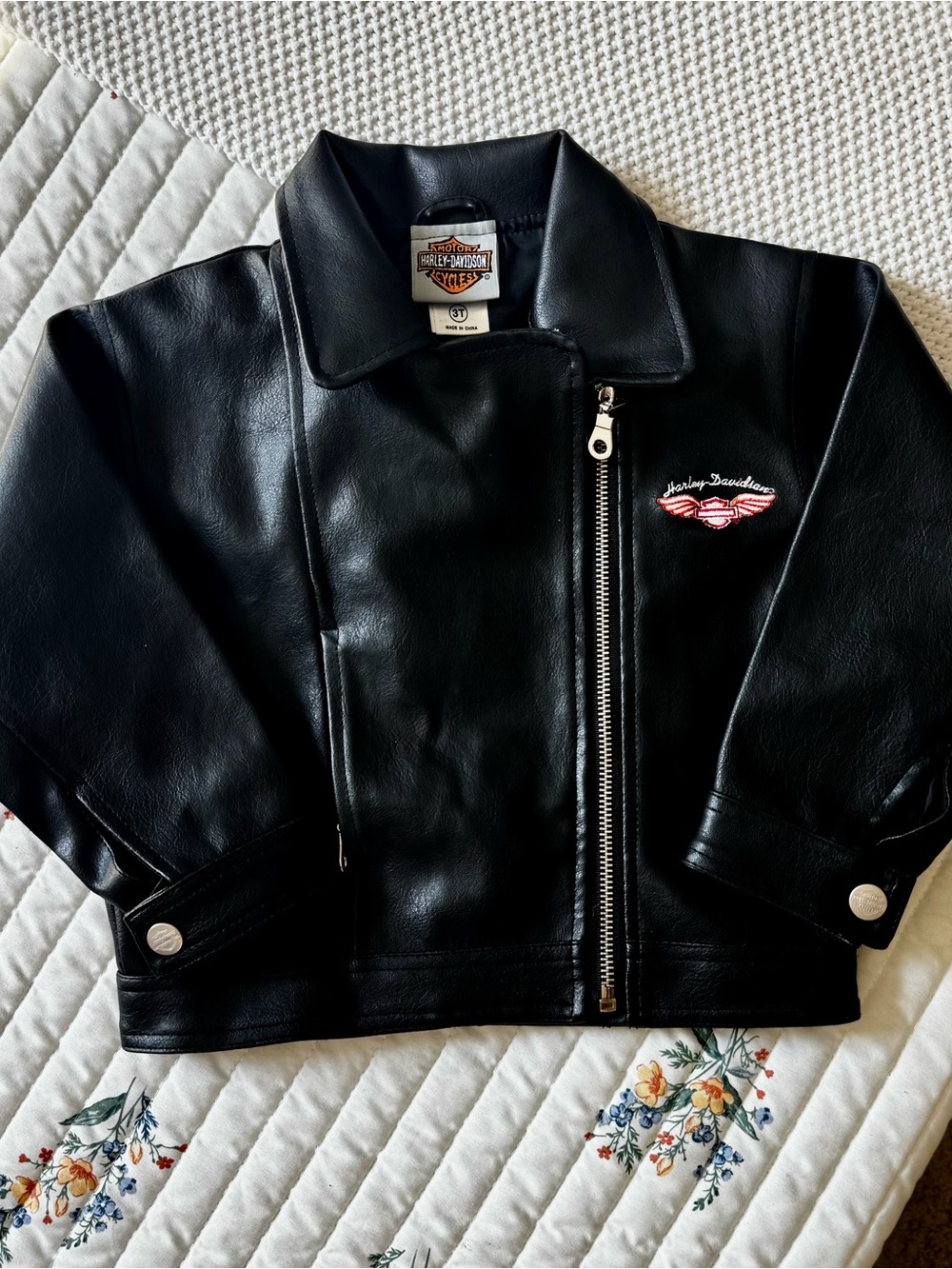Harley Davidson Faux Leather Embroidered Motorcycle Jacket, Black – 3T Girl - Picture 2 of 8